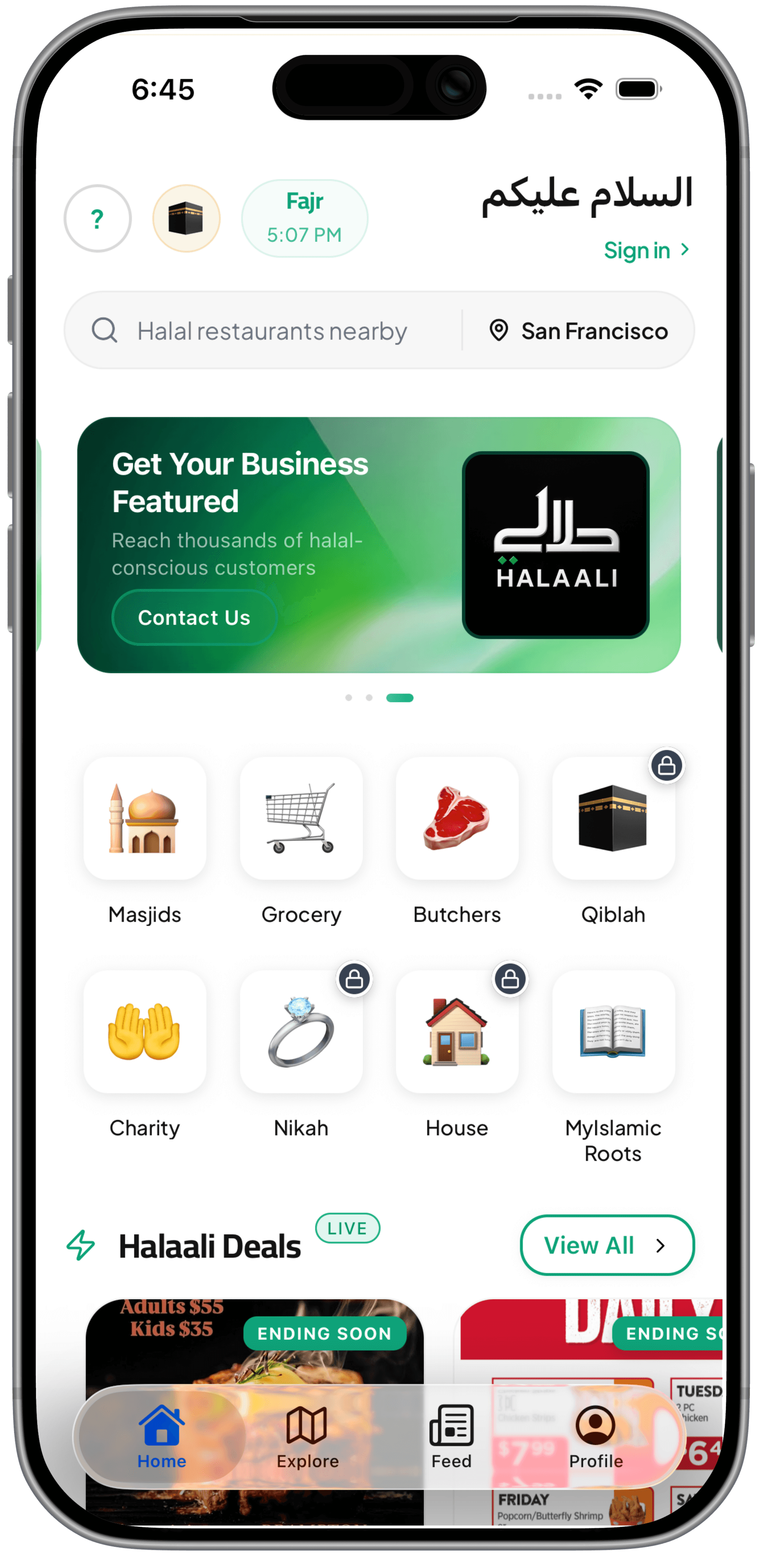 Halaali app mockup showing halal restaurants, map, prayer times, and Qiblah compass